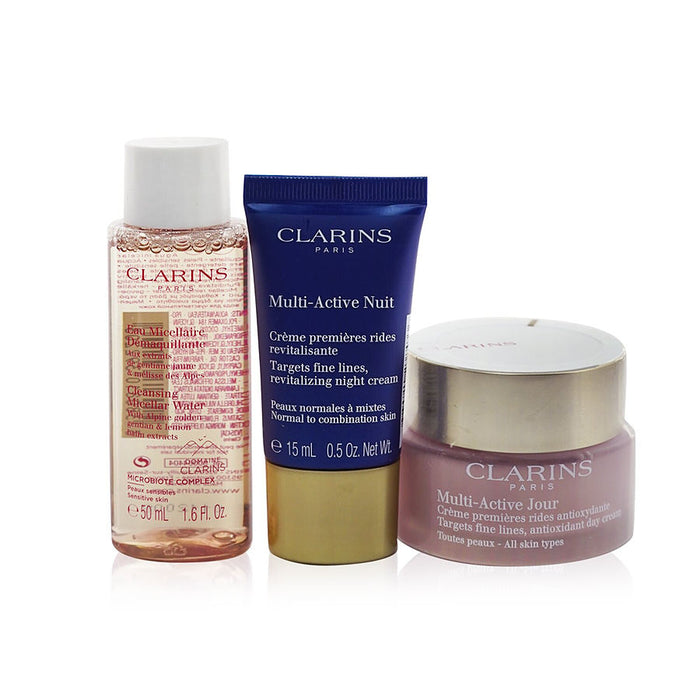 Clarins multiactive collection: day cream 50ml+ night cream 15ml+ cleansing micellar water 50ml+ bag  3pcs+1bag