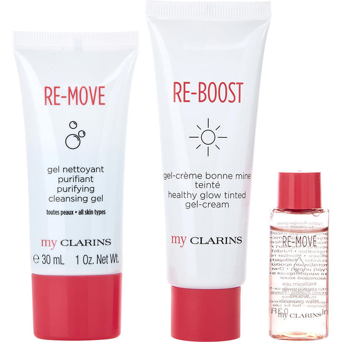 Clarins re-boost healthy glow tinted gel cream 50ml + re-move cleansing gel 30ml + re-move micelar water 10ml -3pcs