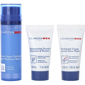 Clarins men super moisture balm 50ml + active fash wash 30ml + shampoo 30ml -3pcs